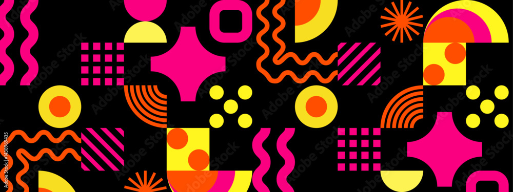 Fototapeta premium Suitable for backgrounds, prints, textiles, and digital designs. Abstract pattern with pink, yellow, and orange shapes creating a vibrant and modern design.