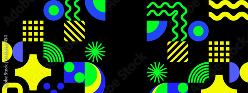 Geometric pattern perfect for background designs, wallpaper, packaging, and stationery. Vibrant yellow, blue, and green shapes create a striking visual.