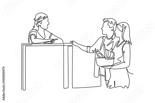 Neighbor sharing concept. Single line draw design. Vector graphic illustration