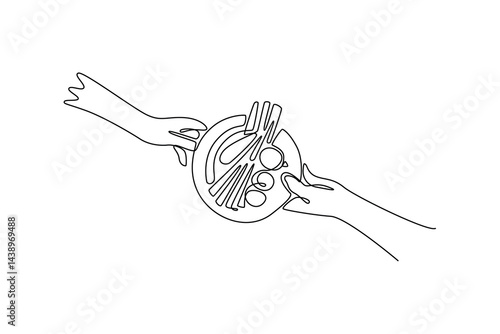 Neighbor sharing concept. Single line draw design. Vector graphic illustration