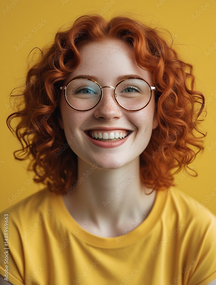 Obraz premium Cheerful young woman with red curly hair and glasses smiling brightly against a vibrant yellow background, radiating positivity, confidence, and natural beauty.