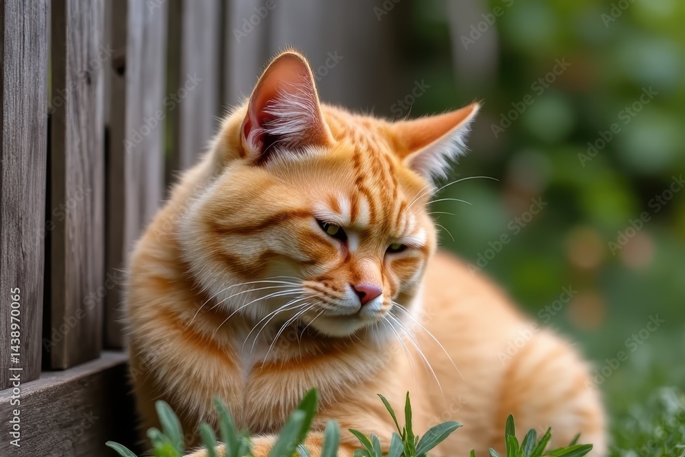 Fototapeta premium Fluffy Orange Cat on Wooden Fence