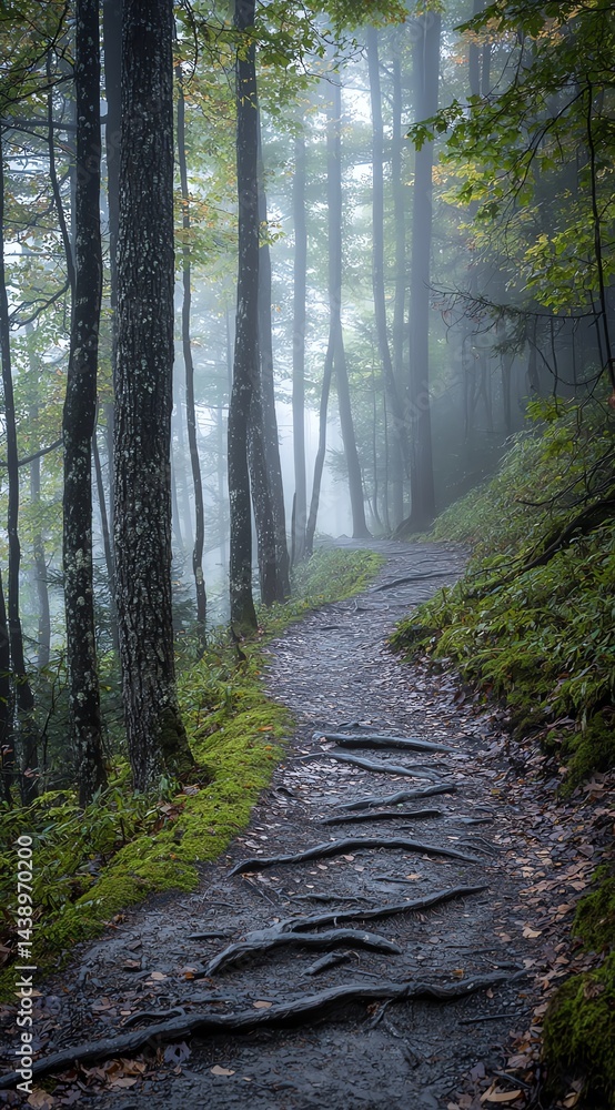 Fototapeta premium Hiking Trail Through a Foggy Forest with Mossy Trees and Roots