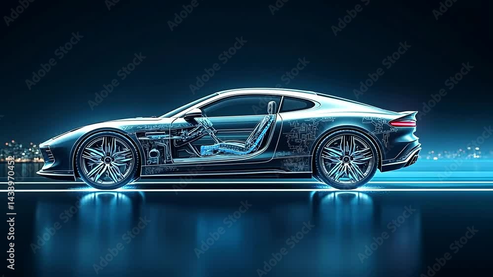 Futuristic car design showcasing transparent features and glowing elements against a city skyline Futuristic car design showcasing transparent features and glowing elements against a city skyline