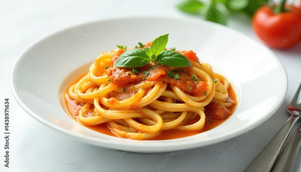 Elegant pasta dish, sauce, herbs, white backdrop , plate, fresh Elegant pasta dish, sauce, herbs, white backdrop , plate, fresh