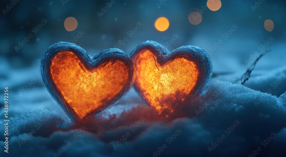 Fototapeta premium Glowing heart shapes in snowy forest at night. Romantic winter scene