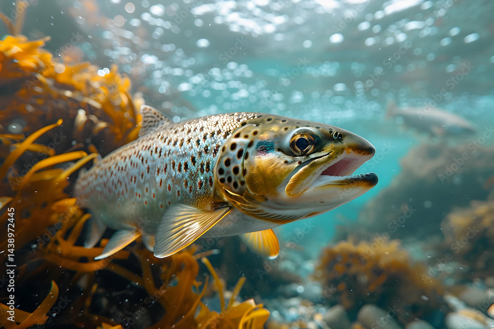 Naklejka premium Brown Trout Underwater Closeup Amidst Golden Seaweed