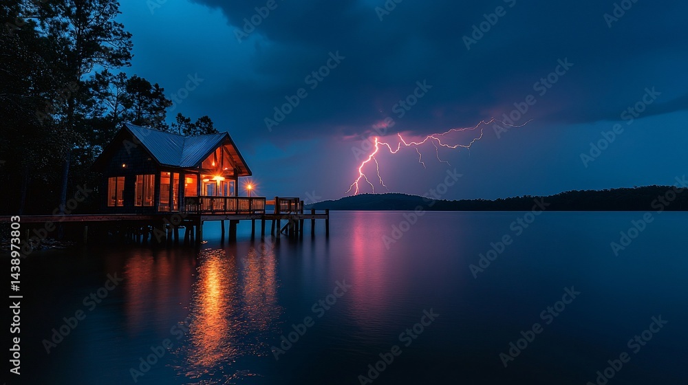 Fototapeta premium A tranquil lakeside cabin illuminated by warm light, facing a dramatic thunderstorm