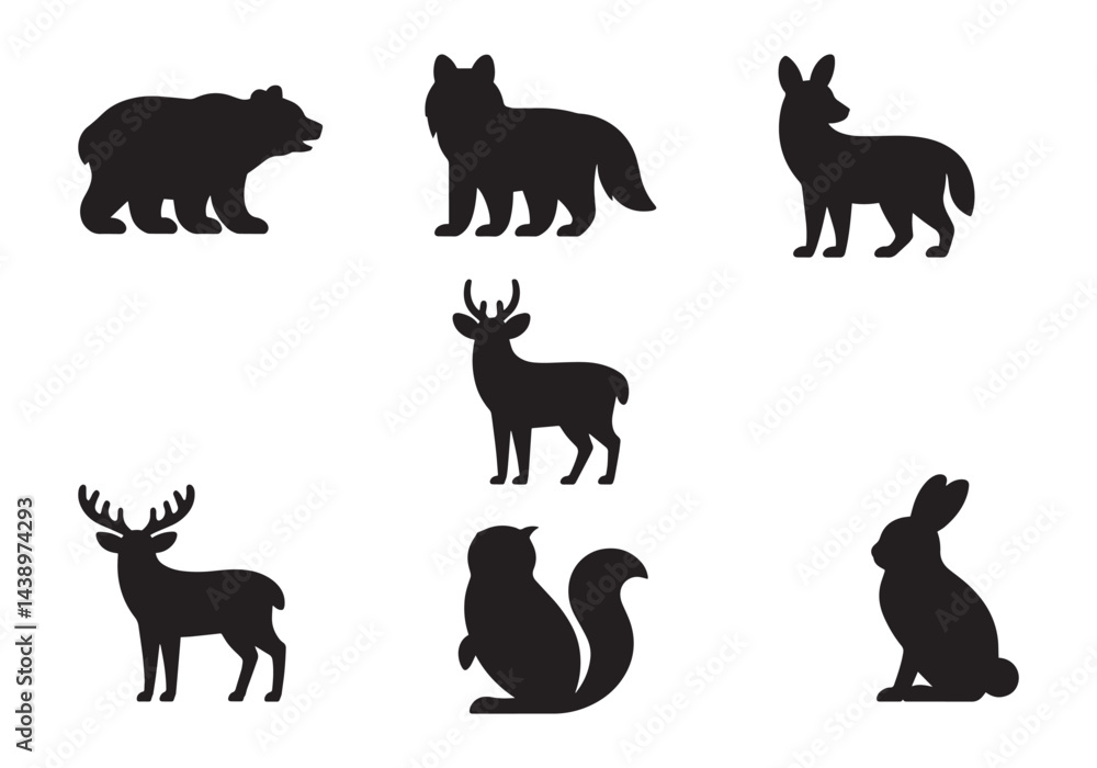 Obraz premium Wild forest animal silhouette set, bear, fox, deer, rabbit, squirrel, and wolf wildlife vector