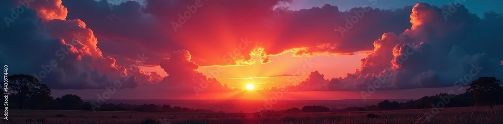 Fototapeta premium Fiery sunset, dramatic clouds, moody landscape, photography, glowing