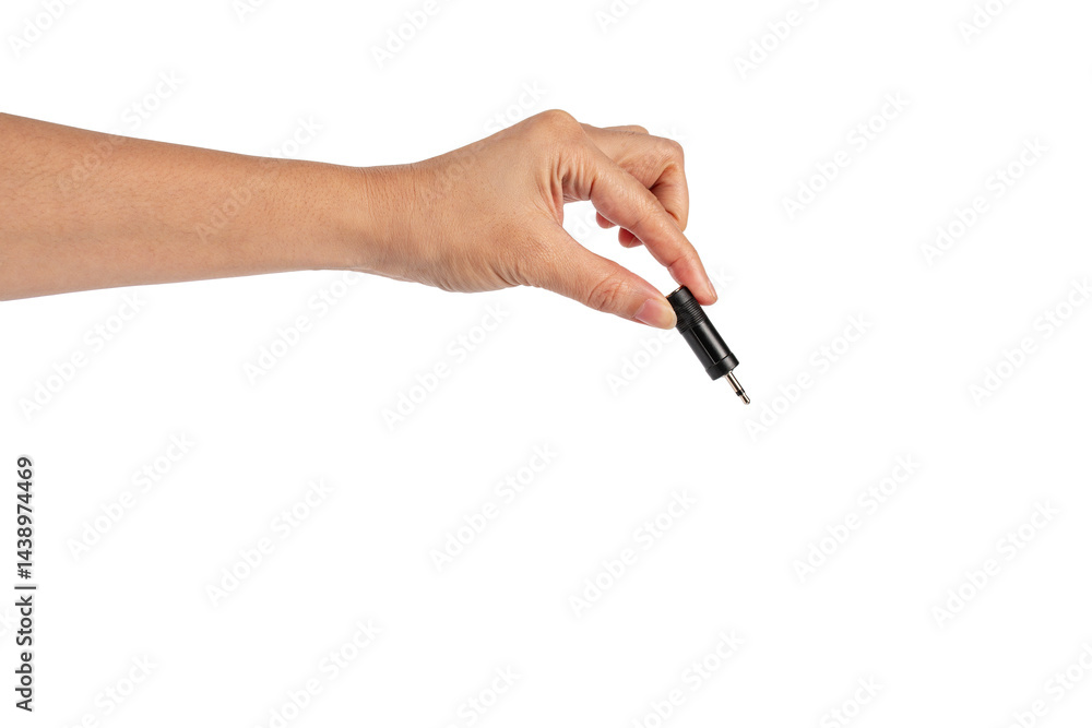Hand and black audio cable aux isolated on transparent background Hand and black audio cable aux isolated on transparent background