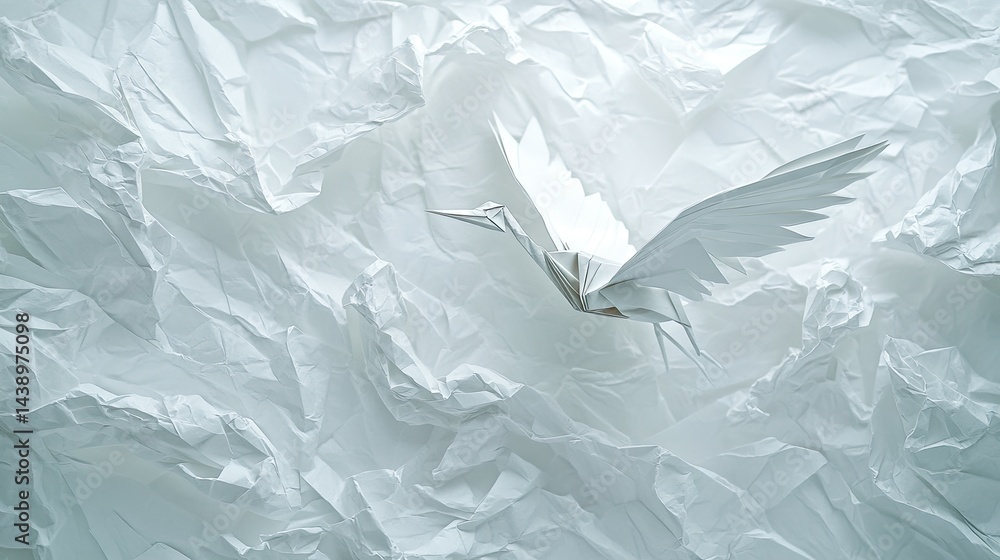 Obraz premium Elegant origami crane soaring above crumpled white paper.