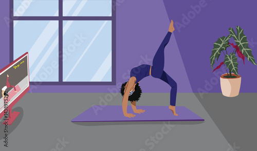 Afro Girl Practicing Virtual Mindfulness Yoga in One-Legged Upward Wheel Pose for Flexibility and Strength
