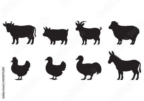 Farm animal silhouette set, cow, pig, goat, sheep, chicken, duck, rooster, and donkey vector