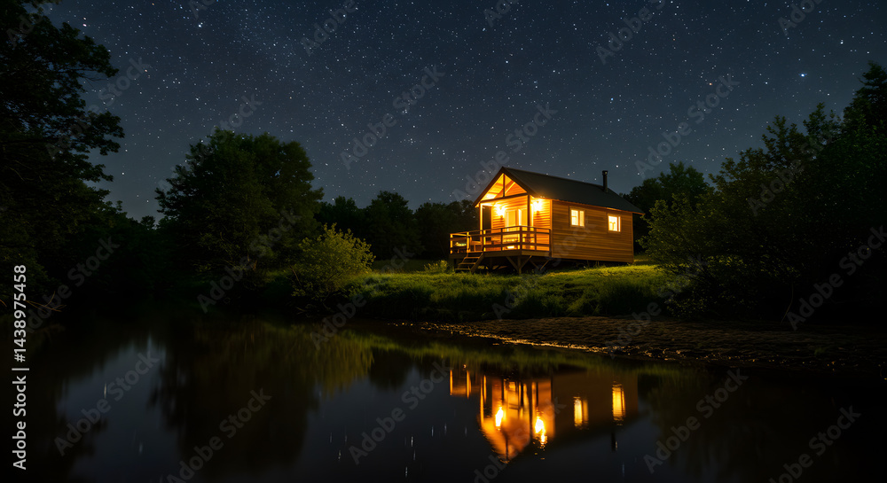 Fototapeta premium Illuminated Cabin by the Lake Under a Starry Night