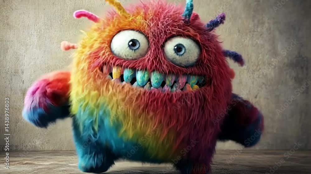 Fuzzy, colorful monster with big eyes and a wide, toothy smile Fuzzy, colorful monster with big eyes and a wide, toothy smile