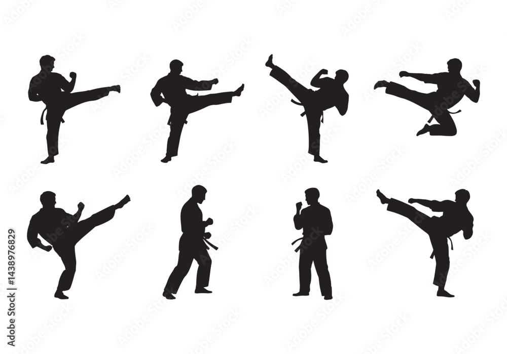 Fototapeta premium Martial arts fighter silhouette set, karate poses, kicking, punching, and fighting stances vector