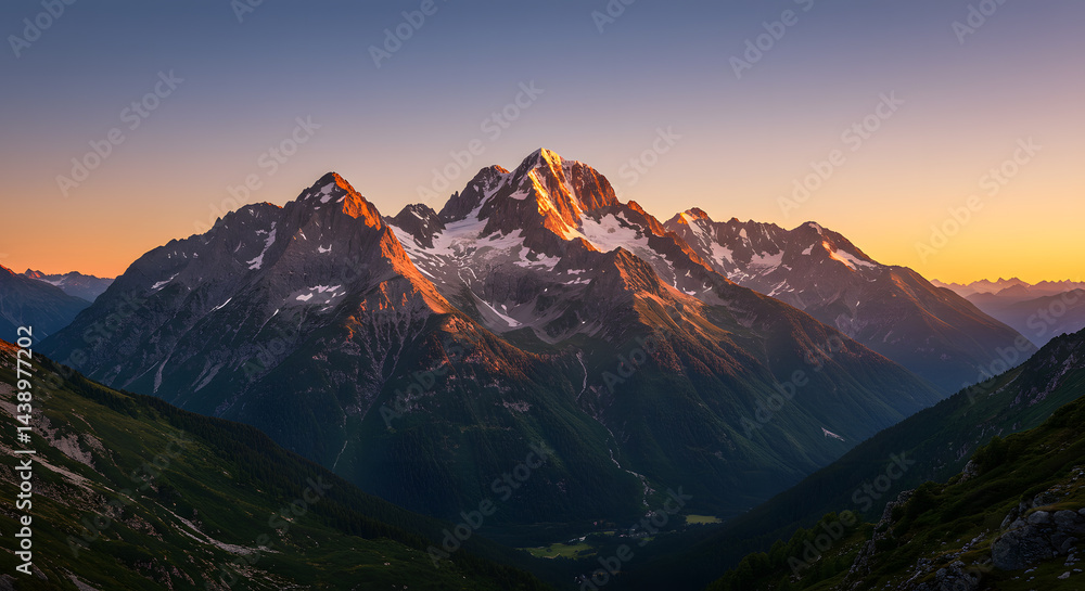 Obraz premium Majestic Mountain Range at Sunset with Lush Green Valley View