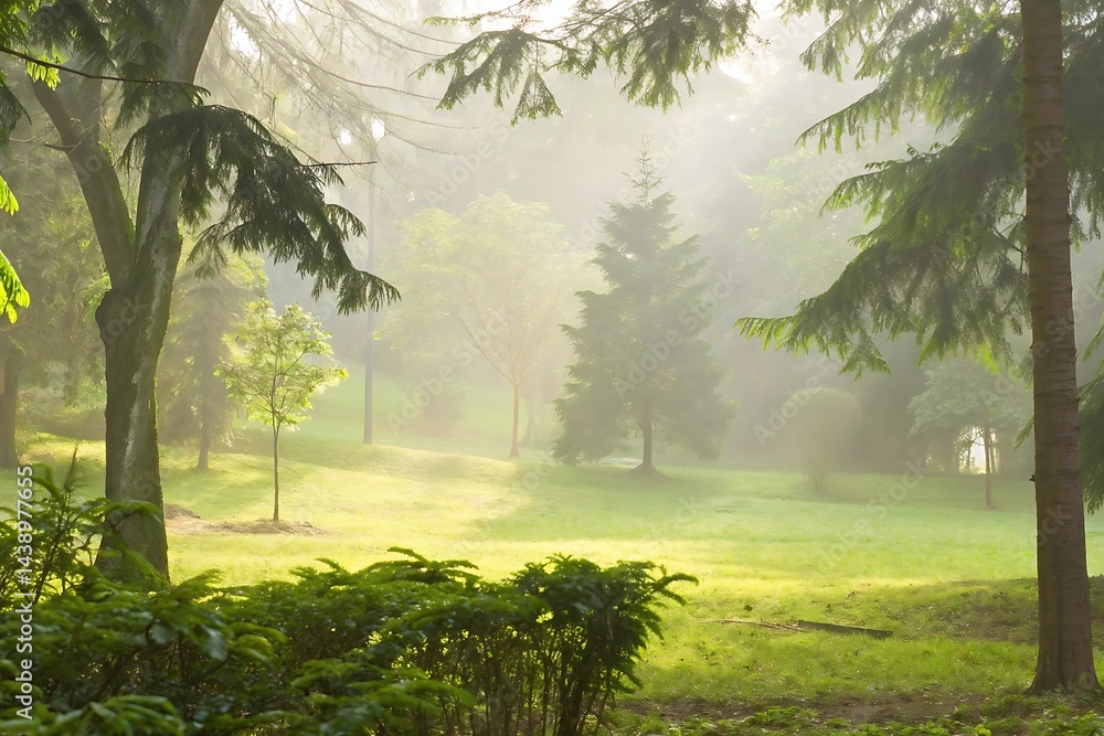 Fototapeta premium Morning serenity nature park landscape photography green background soft blur effect