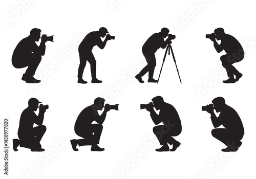 Photography silhouettes collection, photographers shooting with camera, tripod setups, and action poses vector