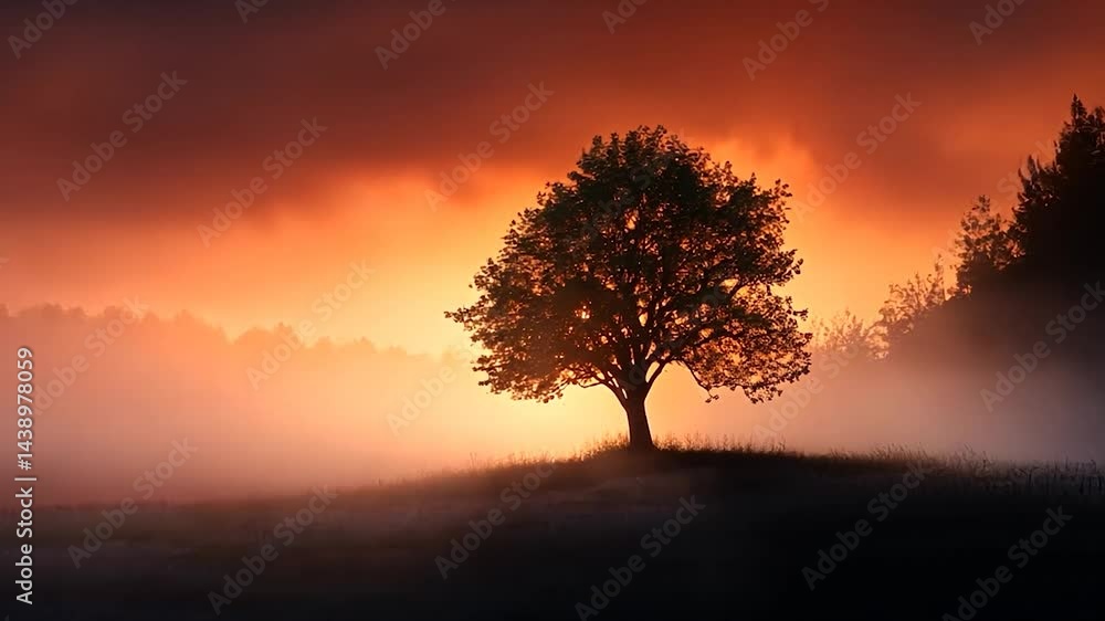 Silhouette of a tree against a vibrant orange and dark background. The tree stands in a foggy field. Atmospheric lighting creates a moody scene Silhouette of a tree against a vibrant orange and dark background. The tree stands in a foggy field. Atmospheric lighting creates a moody scene