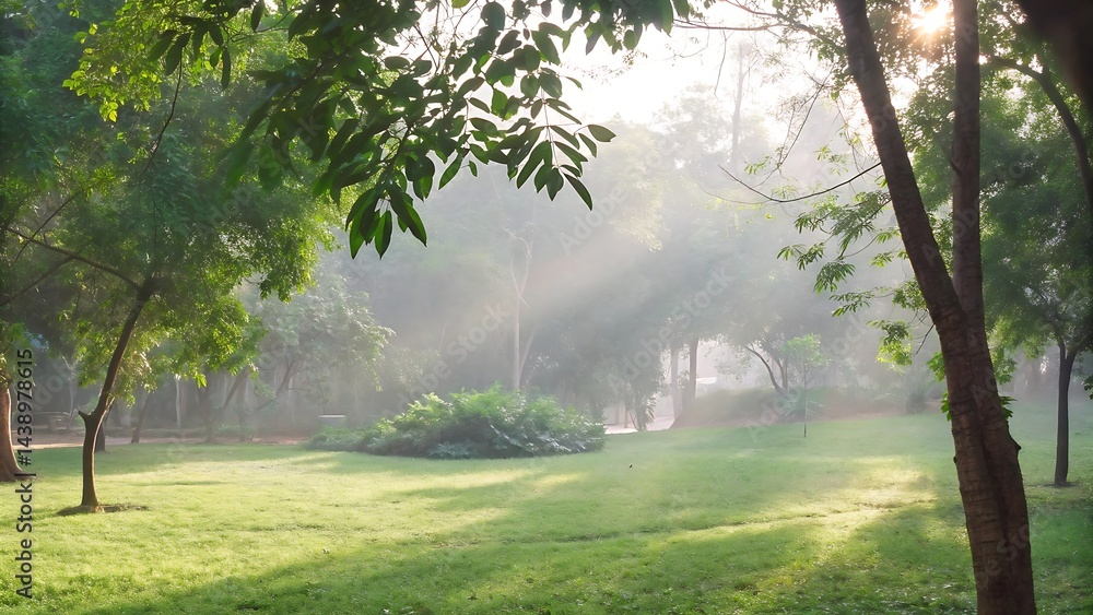 Obraz premium Serene nature scene in lush green park soft blur background tranquil environment