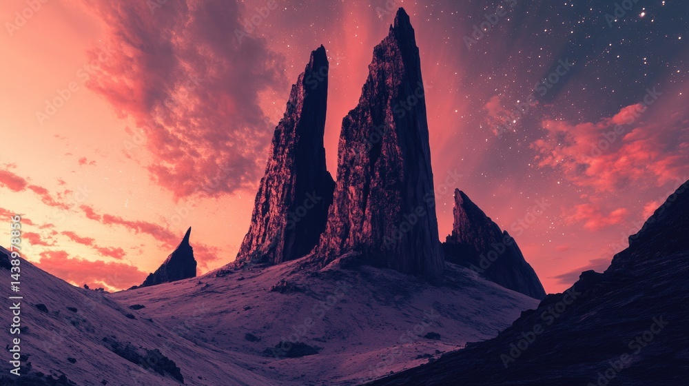 Fototapeta premium Dramatic mountain peaks rise against a vibrant sunset sky.