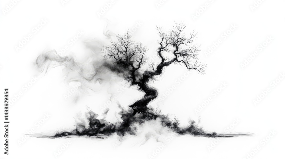 Silhouette of a withered tree enveloped in smoke Silhouette of a withered tree enveloped in smoke