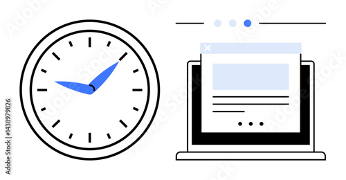 Classic clock with blue hands next to a laptop screen displaying a minimal webpage interface. Ideal for time management, productivity, workplace efficiency, online work, digital planning, schedule