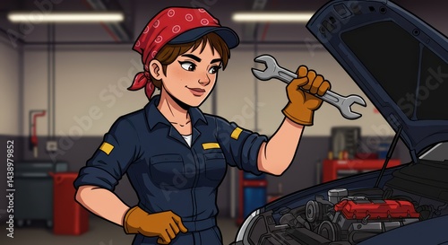 Cartoon Mechanic with Wrench Inspecting Car Engine