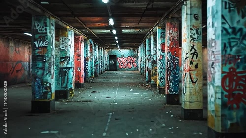 Video of an underground corridor with graffiti art on concrete pillars under dim lighting creating a grungy atmosphere. The tunnel leads to a distant view