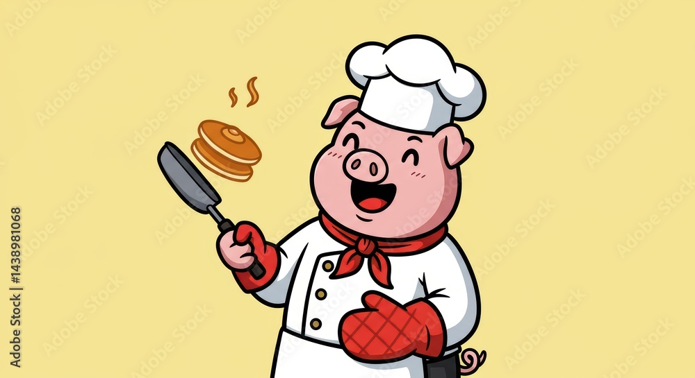 Pig Chef Flipping Pancake Cartoon Illustration Pig Chef Flipping Pancake Cartoon Illustration