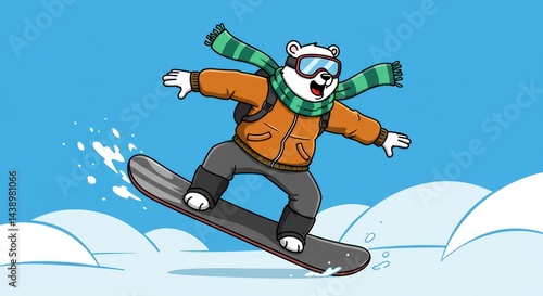 Polar Bear Snowboarding Cartoon Illustration