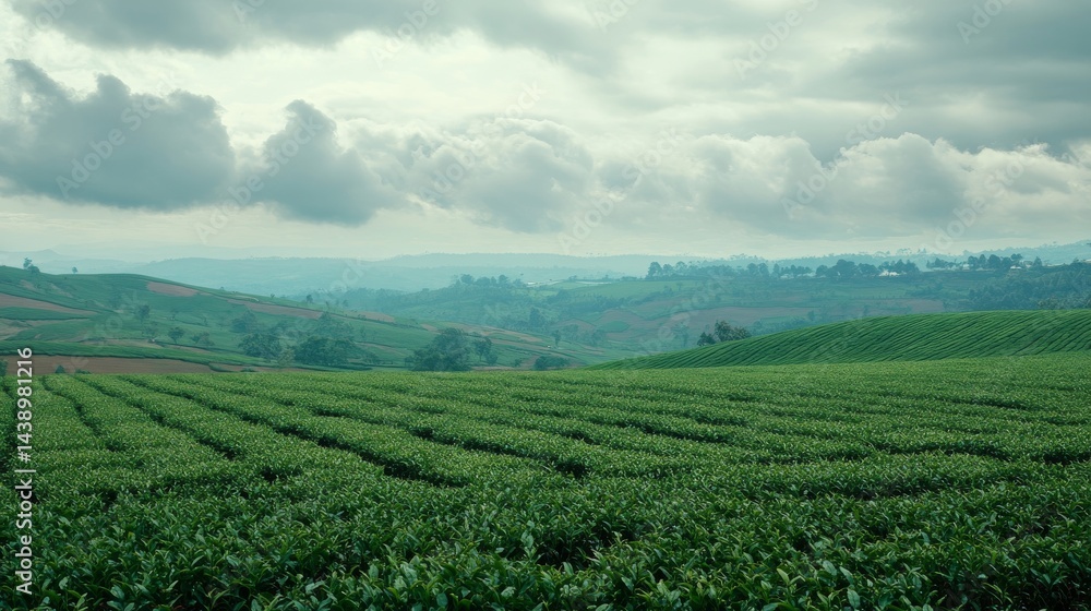 Fototapeta premium Breathtaking Tea Plantation Landscape Under Cloudy Sky
