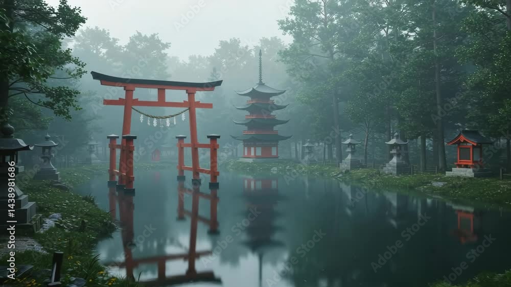 Serene Japanese garden with pagoda and torii gate on a misty morning Serene Japanese garden with pagoda and torii gate on a misty morning
