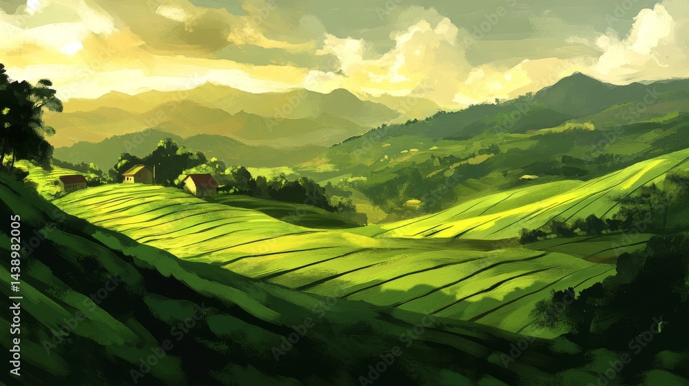 Fototapeta premium Serene Green Hills Landscape Painting