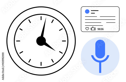 Analog clock, social media post preview, and microphone highlight time management, online engagement, voice communication, scheduling, productivity, modern tools, and a simple landing page
