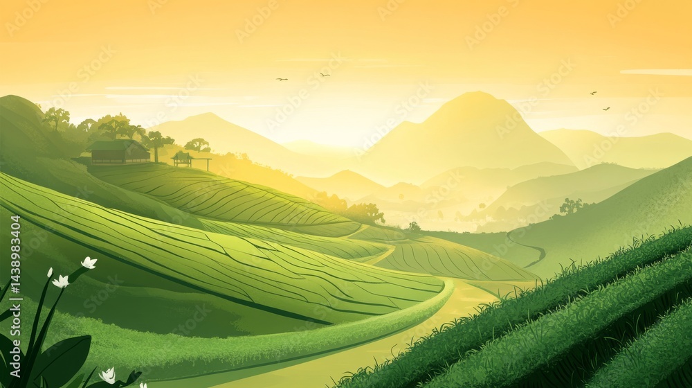 Fototapeta premium Serene Sunrise Over Lush Tea Fields