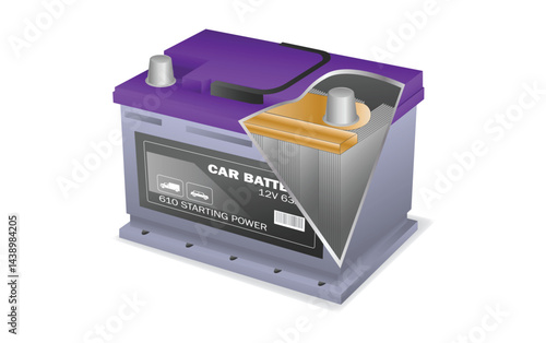 Set illustration of showing a car battery with cutaway view, revealing internal components such as plates and terminals. The design highlights the construction and structure of a 12V automotive batter