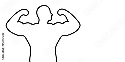 Minimalist line drawing of a muscular person flexing biceps from the back, symbolizing strength and fitness, ideal for gym, workout, and motivational designs.
