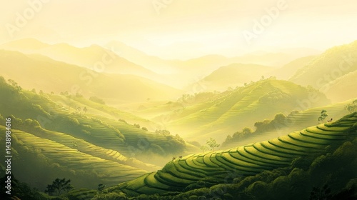 Serene Sunrise Over Lush Green Terraced Rice Fields