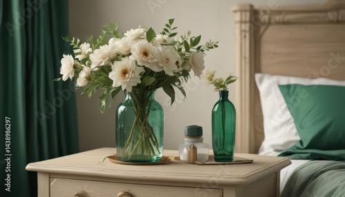 Elegant floral arrangement in bottle vase, beige nightstand, emerald green sheets ,  decor,  bedroom styling,  flowers