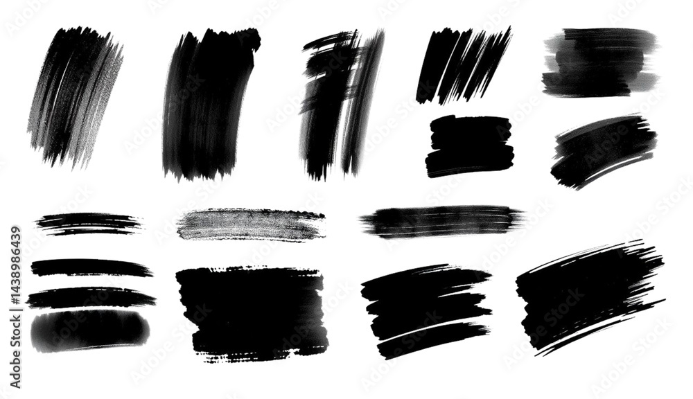 Various black brush strokes of different shapes and textures are displayed on transparent background, showcasing artistic expression and creativity Various black brush strokes of different shapes and textures are displayed on transparent background, showcasing artistic expression and creativity