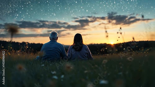 A couple sitting in a field facing the sunset surrounded by flowers under a starry sky creating a romantic and serene ambiance in a video scene