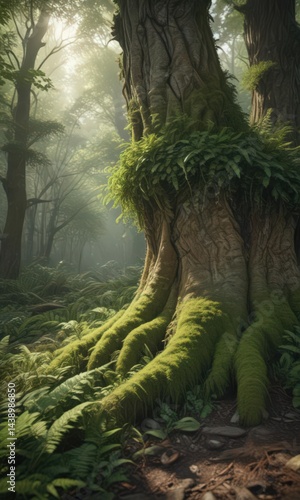 Ancient tree trunk, lush ferns and moss, dappled sunlight , high-resolution, asset, environment