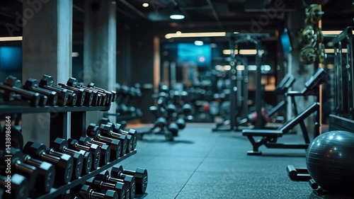 Video still of a modern dimly lit gym with rows of dumbbells benches and exercise equipment dark blue and black tones create a moody atmosphere