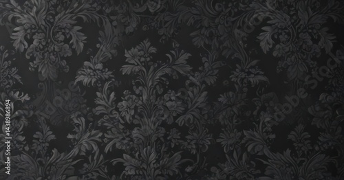 Black damask, grey backdrop Intricate floral and foliage details Dark & elegant , texture, shadow
