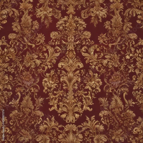 Burgundy & gold floral baroque wallpaper  Intricate scrollwork, luxurious design , tapestry, texture