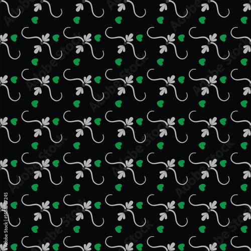Seamless Decorative Pattern With Green Hearts and Curved Flourishes on Black