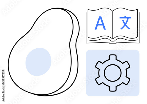 Avocado outline signifying natural growth, open book with multilingual symbols, gear indicating automation. Ideal for education, growth, technology, learning tools, sustainability, food simple